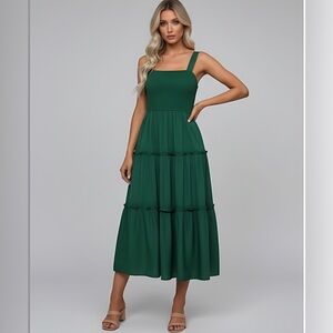 Boho Shirred Ruffle Hem Dress Emerald Green